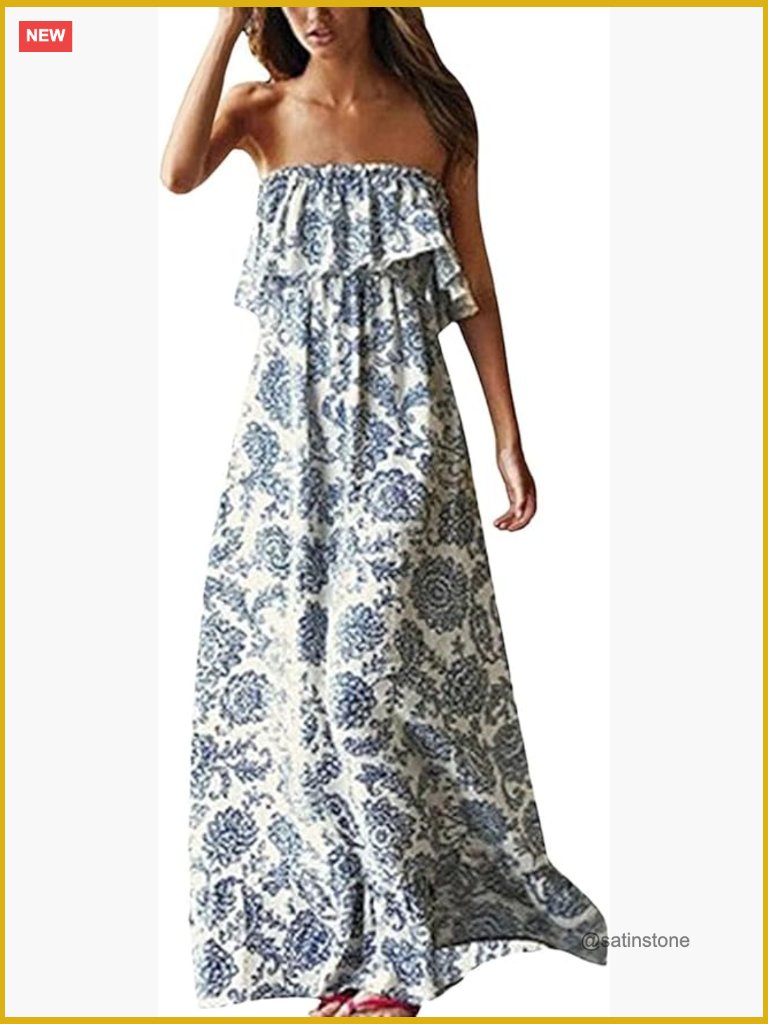 Off Shoulder Maxi Dress Ruffle Strapless Boho Loose Long Summer Dress